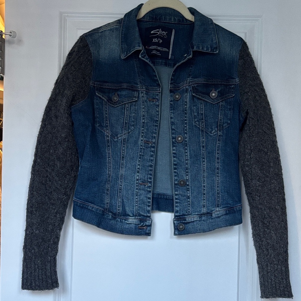 Silver Jeans Blue Denim Jacket with Grey Knit Sleeves, XS